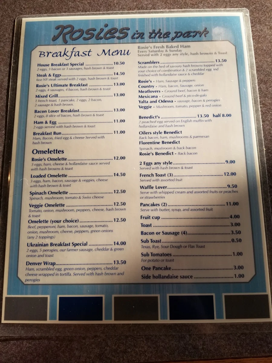 Menu, Rosies In The Park