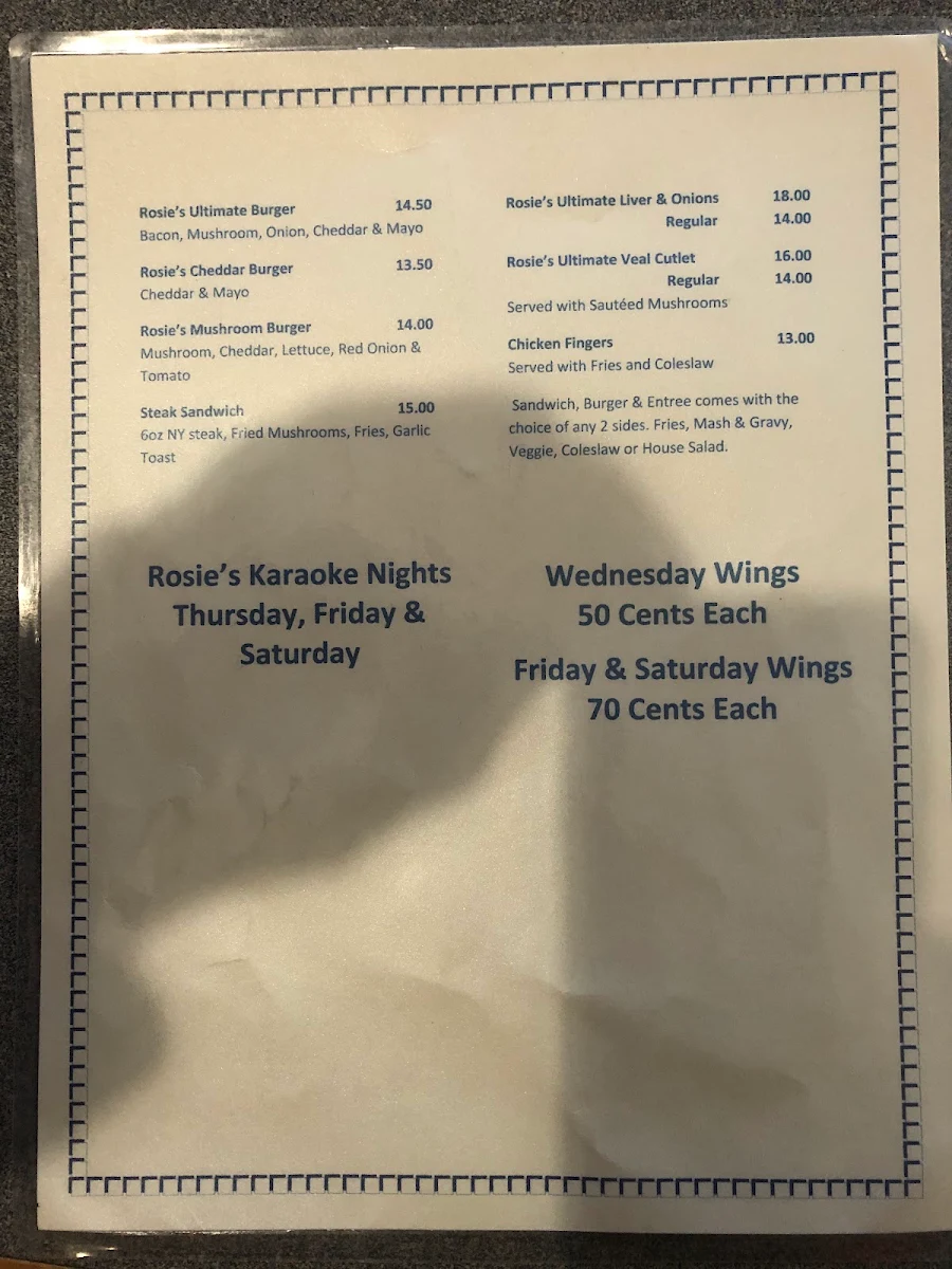 Menu, Rosies In The Park