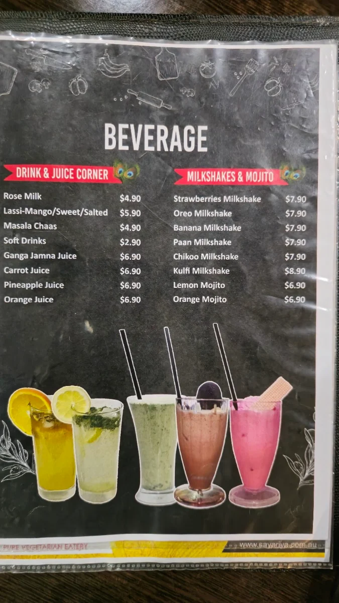 Menu, Savariya - Pure Vegetarian Eatery