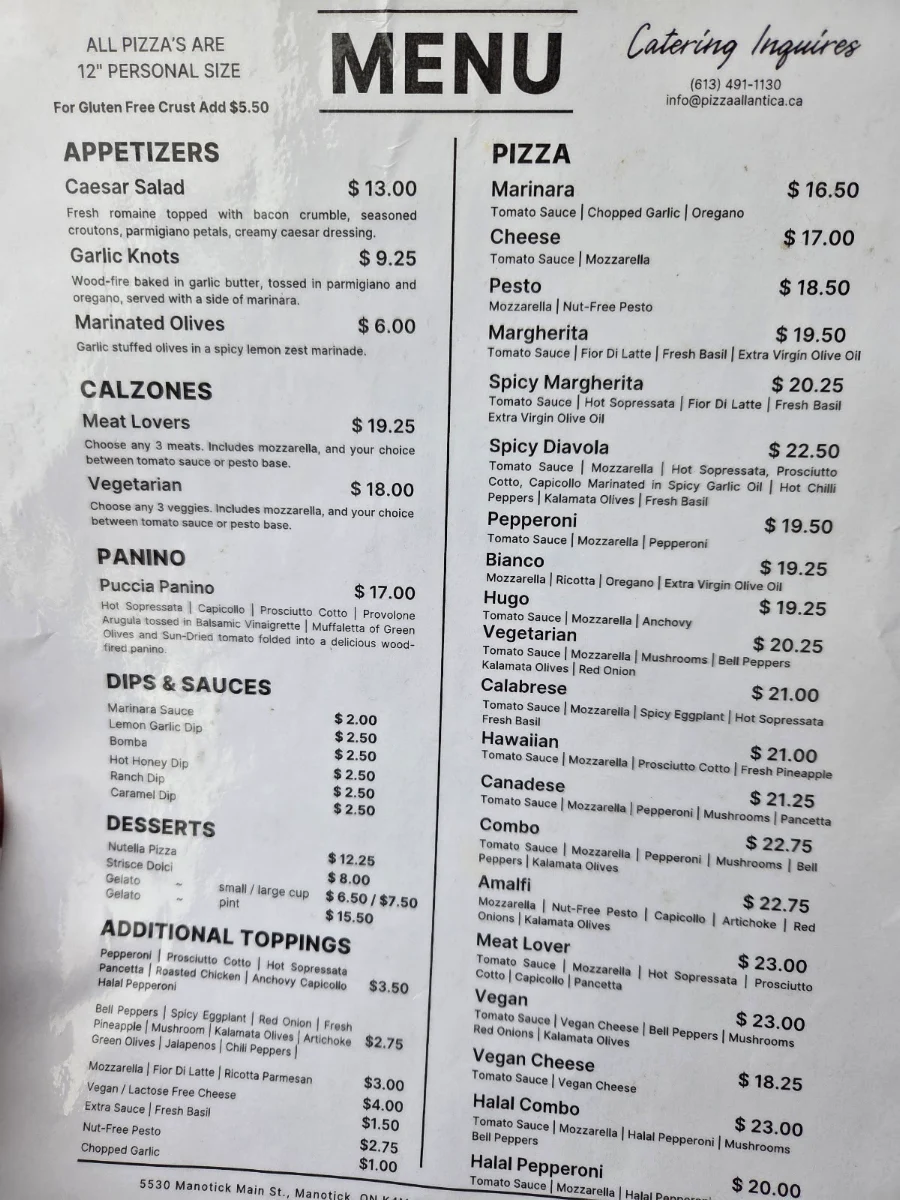 Menu, Pizza All'Antica