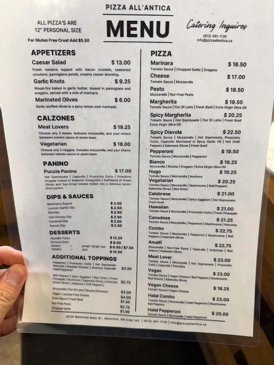 Menu, Pizza All'Antica