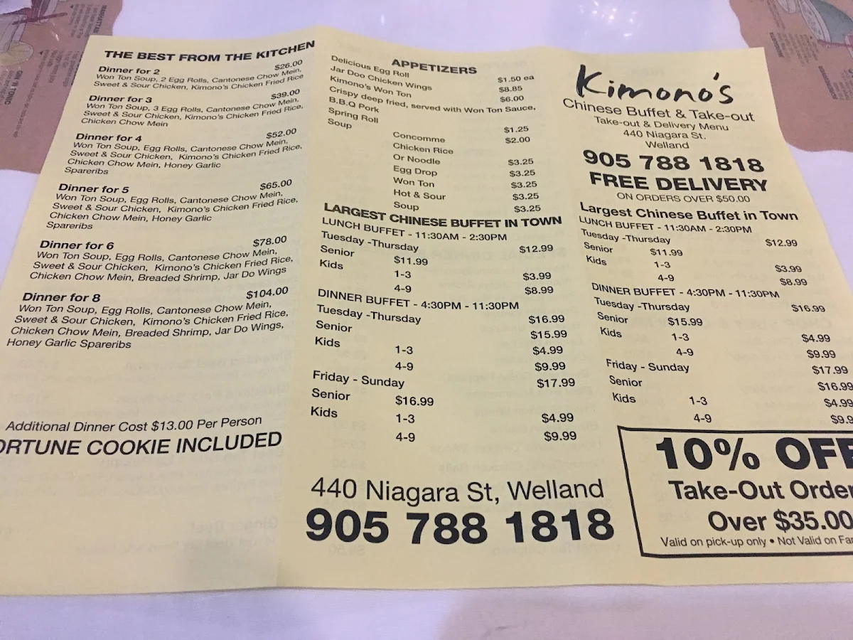 Menu, Kimono's Chinese takeout