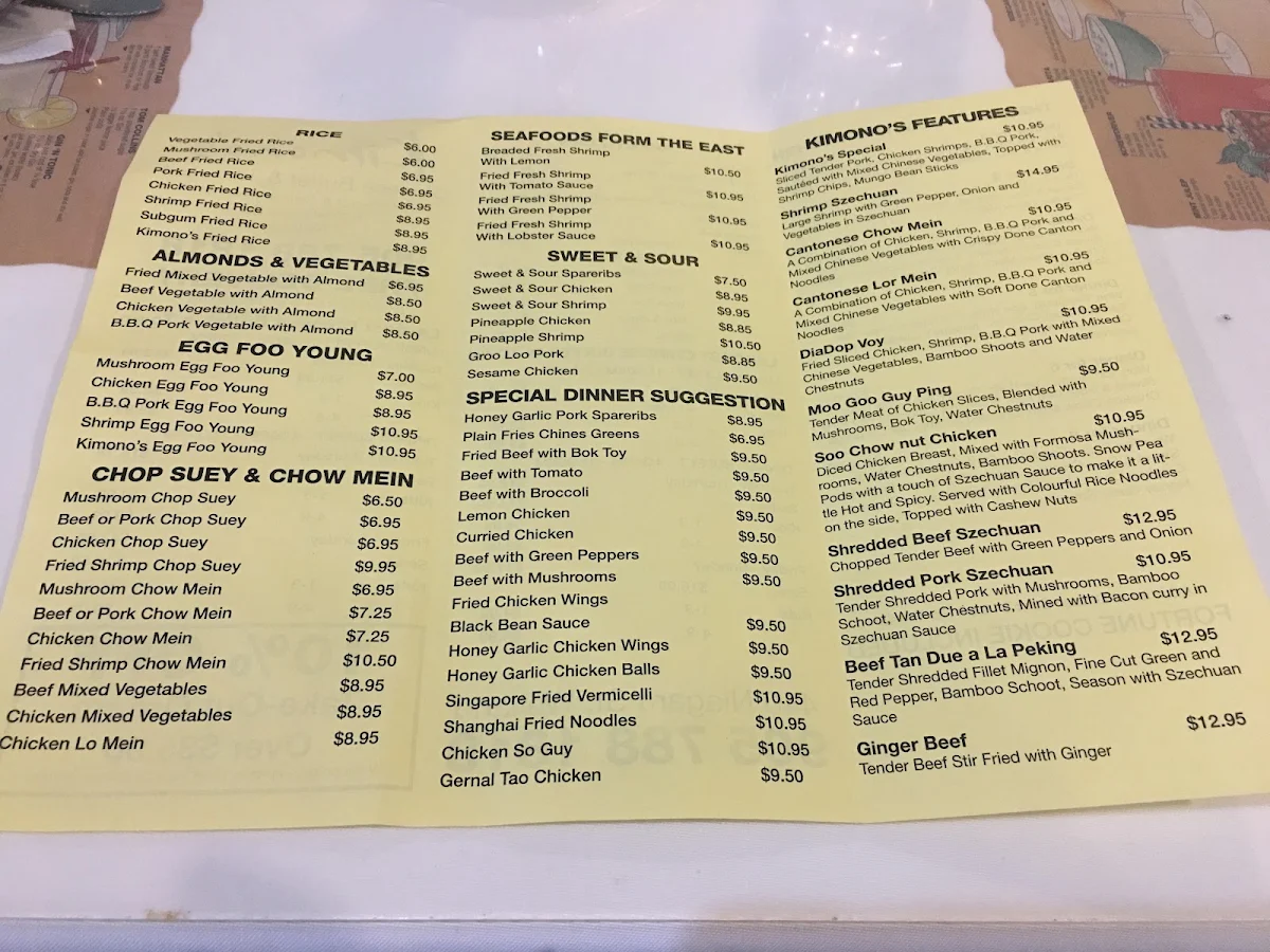 Menu, Kimono's Chinese takeout
