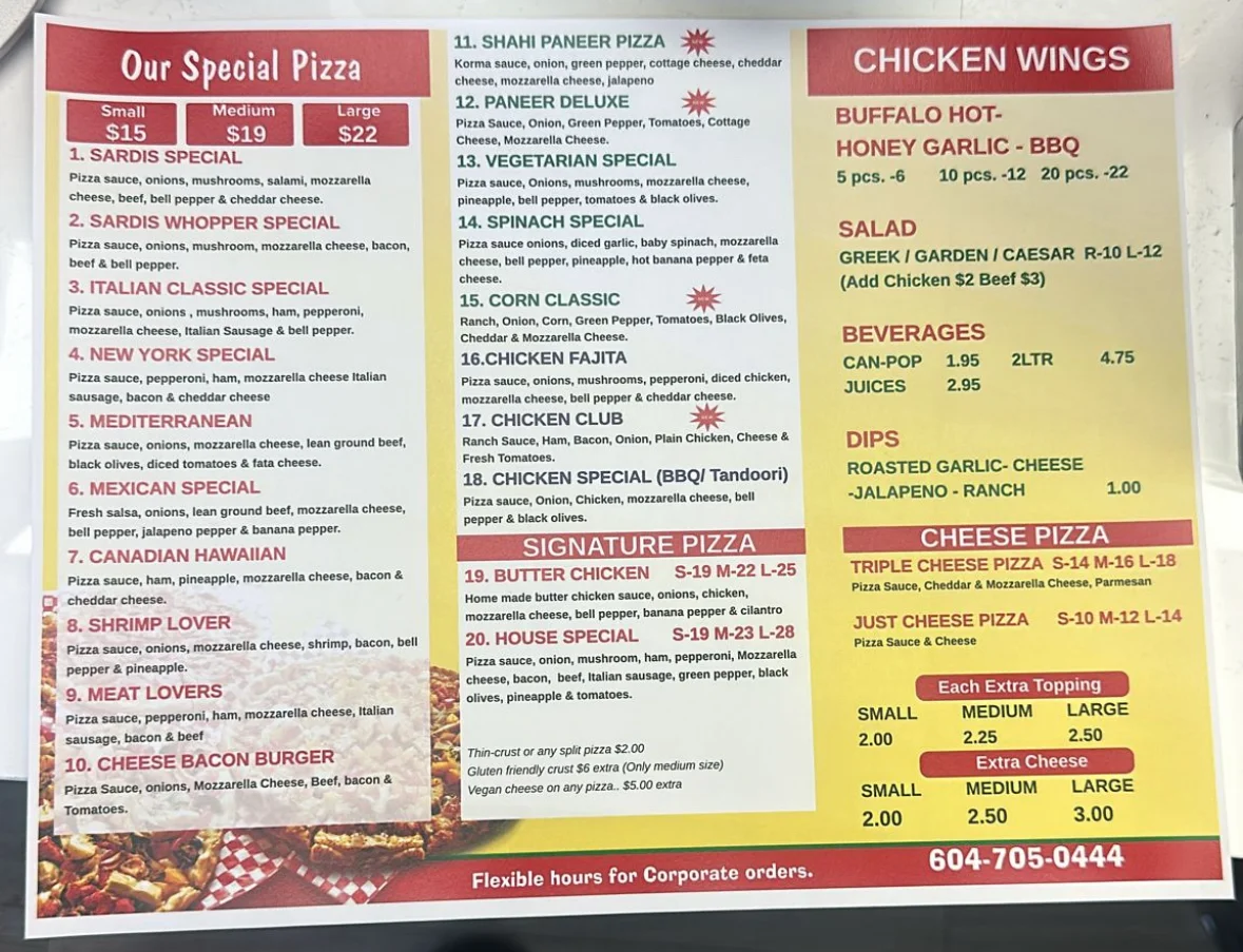 Menu, PIZZA SARDIS