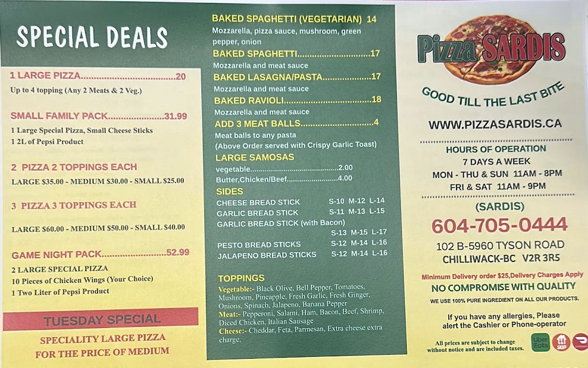 Menu, PIZZA SARDIS