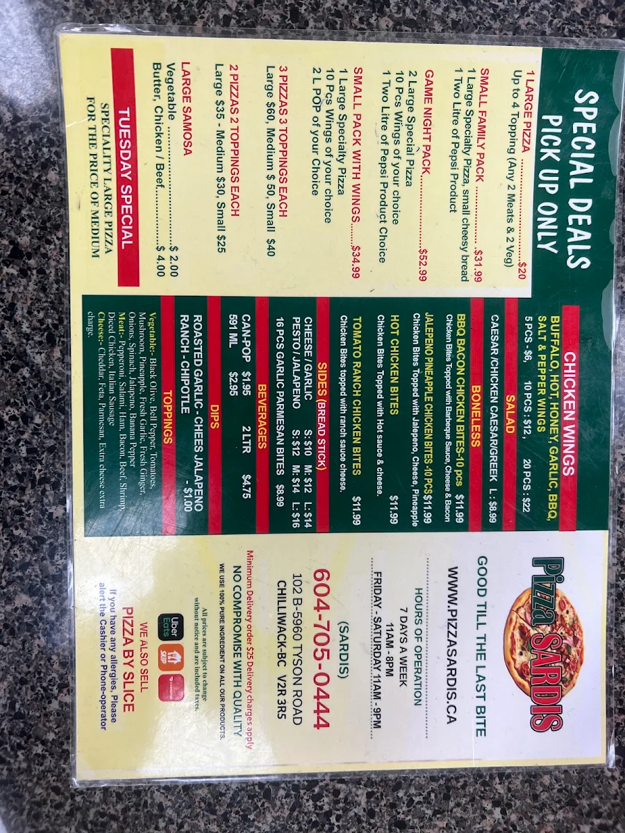 Menu, PIZZA SARDIS