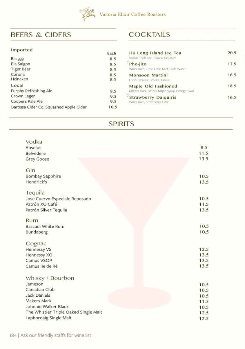 Menu, Victoria Elixir Coffee Roasters