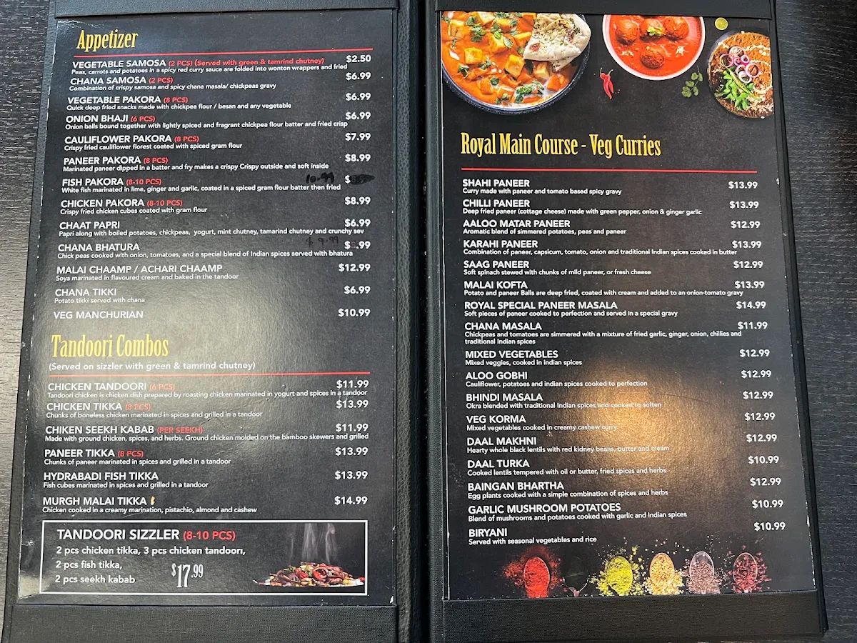 Menu, Royal Indian Buffet and Sweets