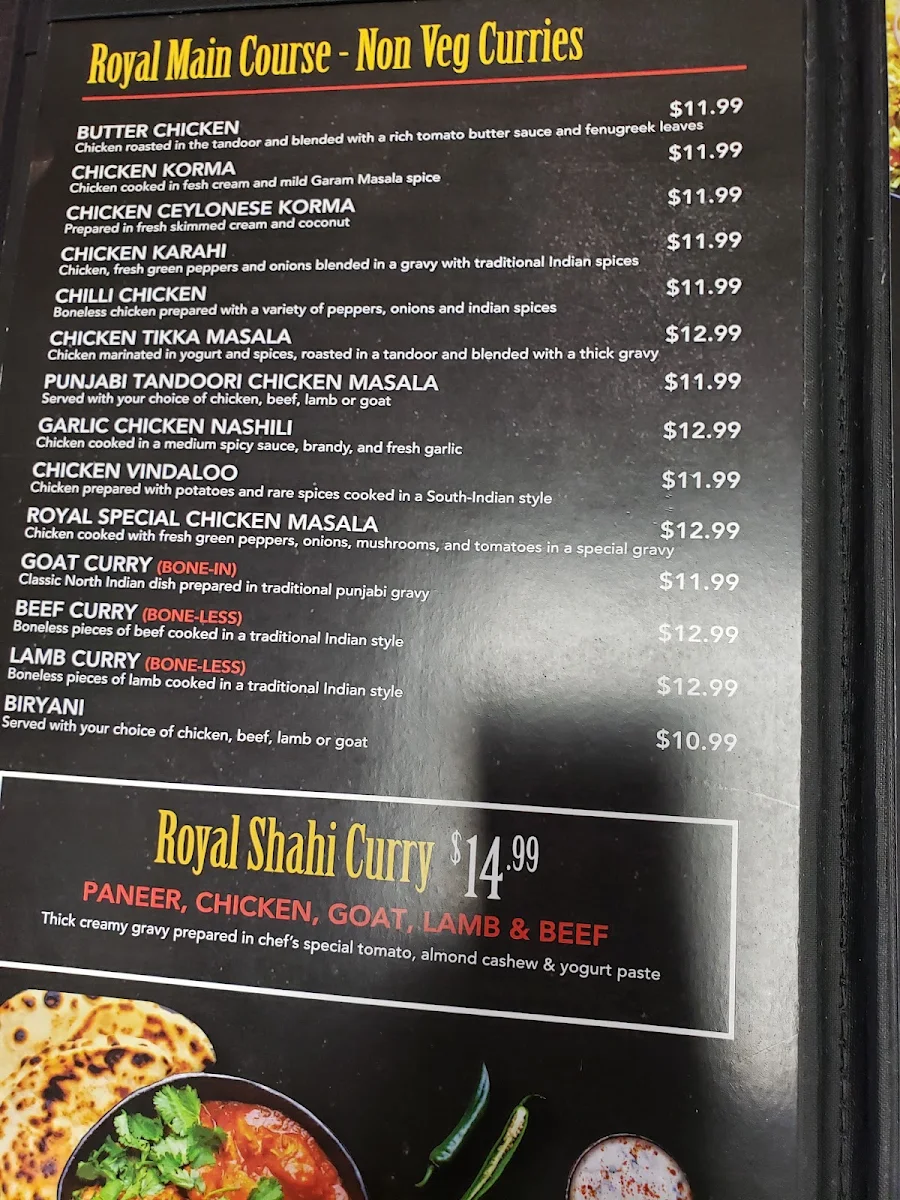 Menu, Royal Indian Buffet and Sweets