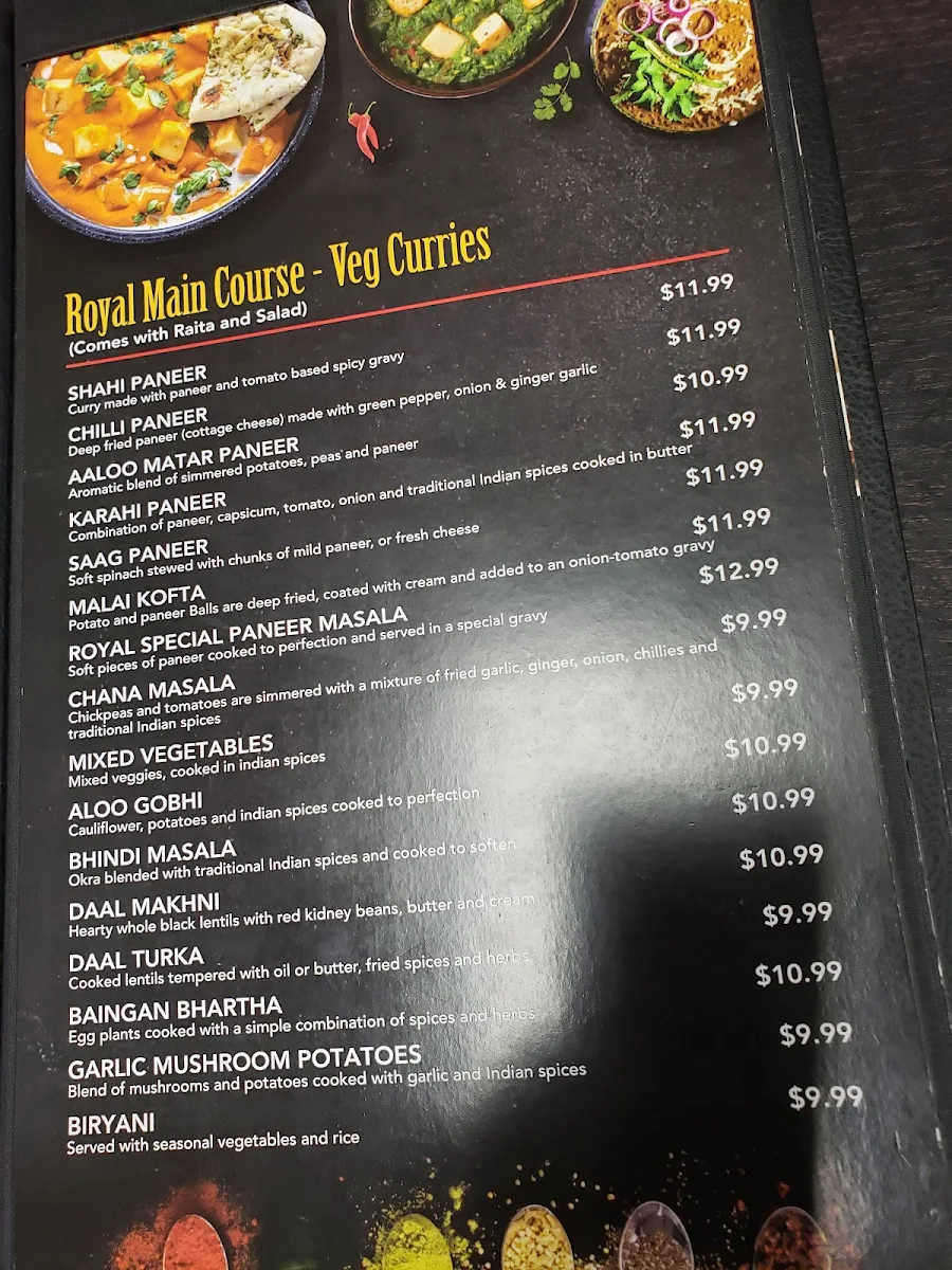 Menu, Royal Indian Buffet and Sweets