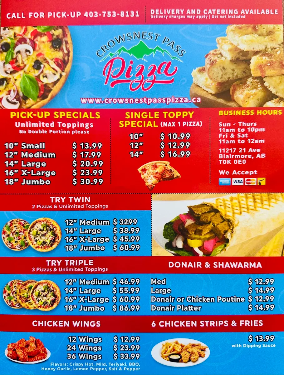 Menu, Crowsnest Pass Pizza