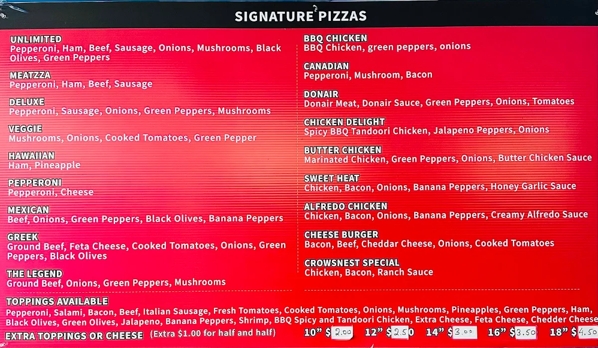 Menu, Crowsnest Pass Pizza