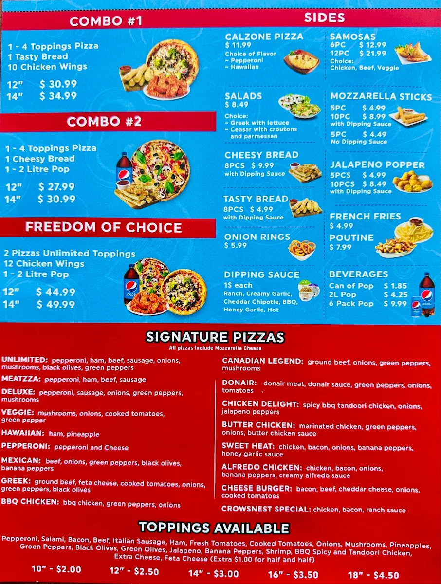 Menu, Crowsnest Pass Pizza