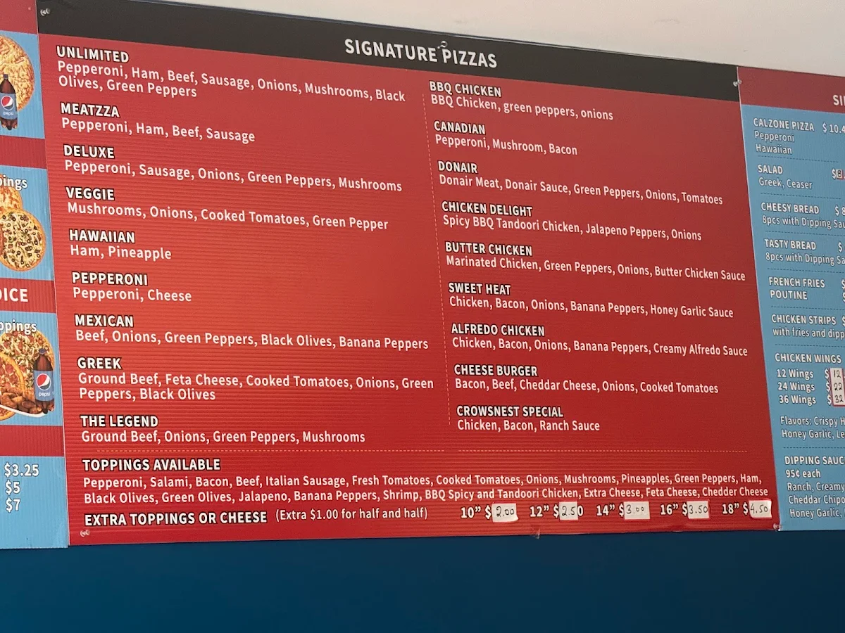 Menu, Crowsnest Pass Pizza