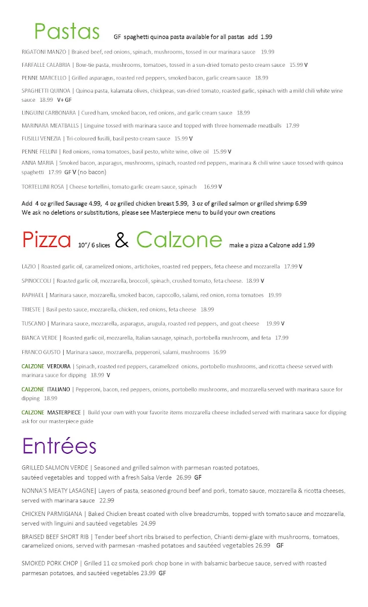 Menu, Fellini's - classic Italian cucina
