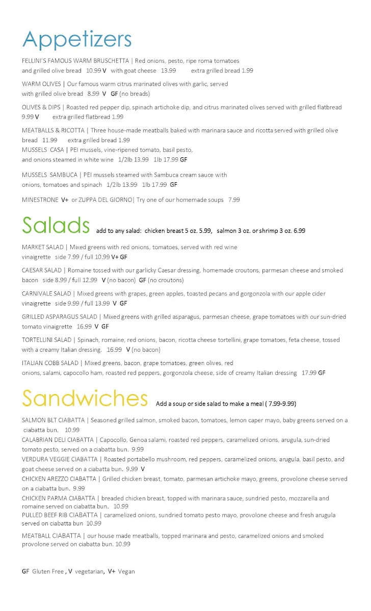 Menu, Fellini's - classic Italian cucina