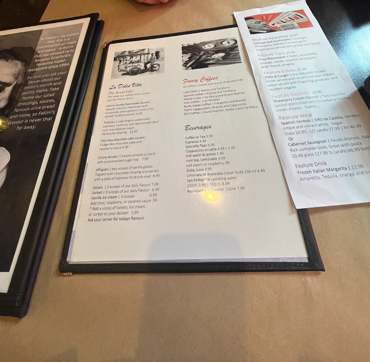 Menu, Fellini's - classic Italian cucina