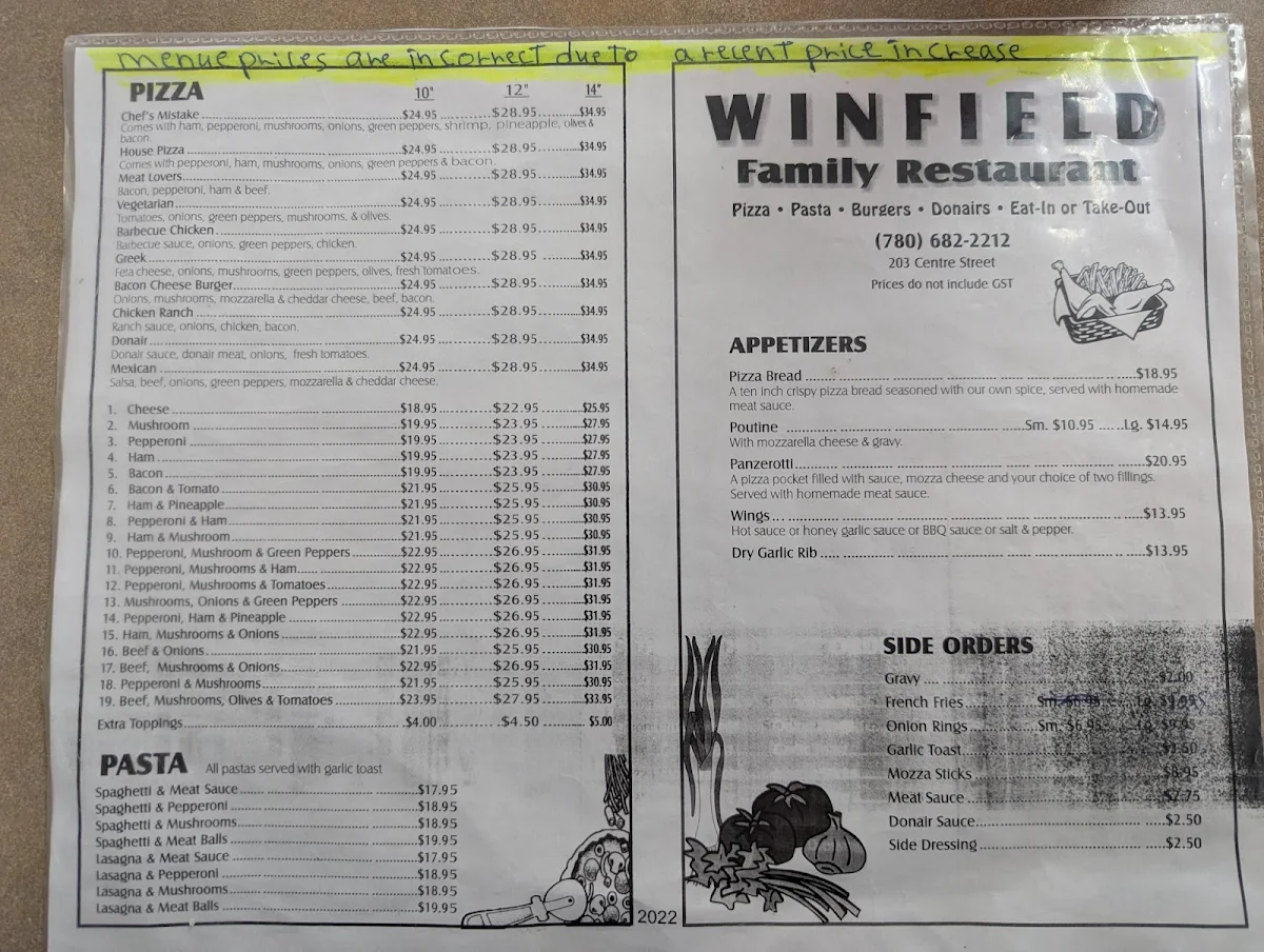 Menu, Winfield Family Restaurant