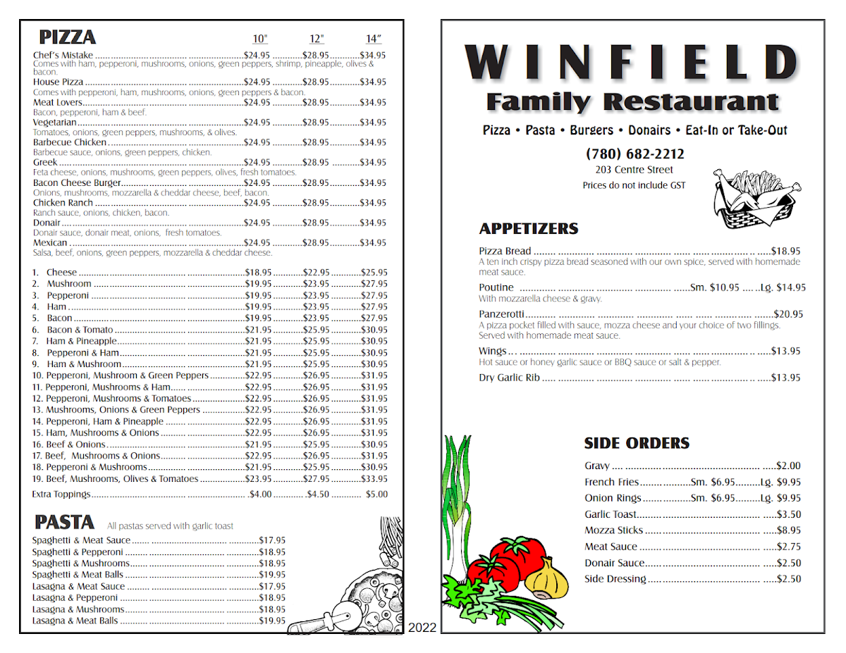 Menu, Winfield Family Restaurant
