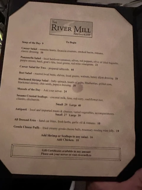 Menu, River Mill Restaurant