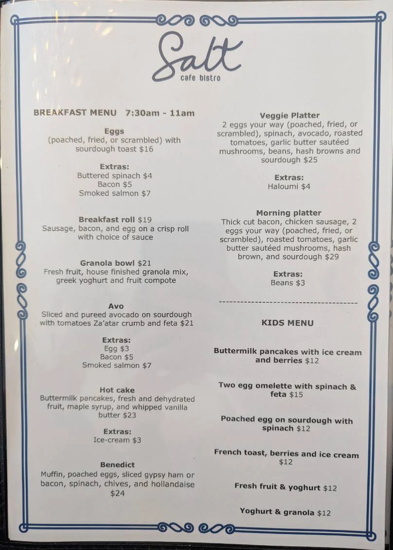 Menu, Salt Cafe Bistro Manly West