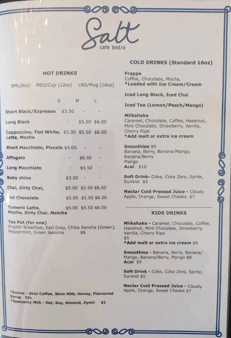 Menu, Salt Cafe Bistro Manly West