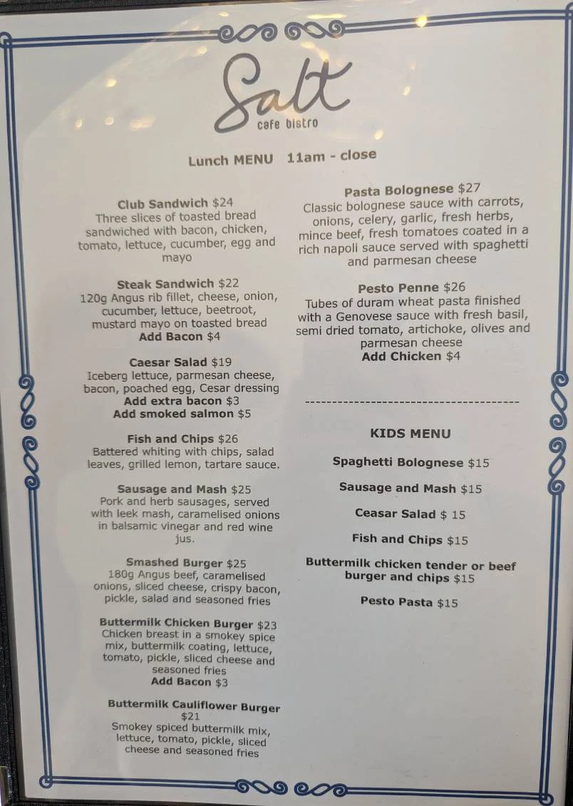 Menu, Salt Cafe Bistro Manly West