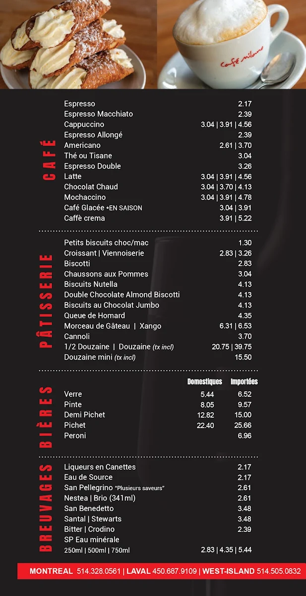 Menu, Café Milano Montréal
