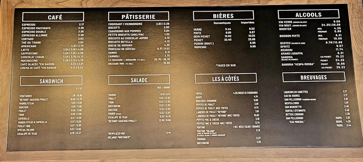 Menu, Café Milano Montréal
