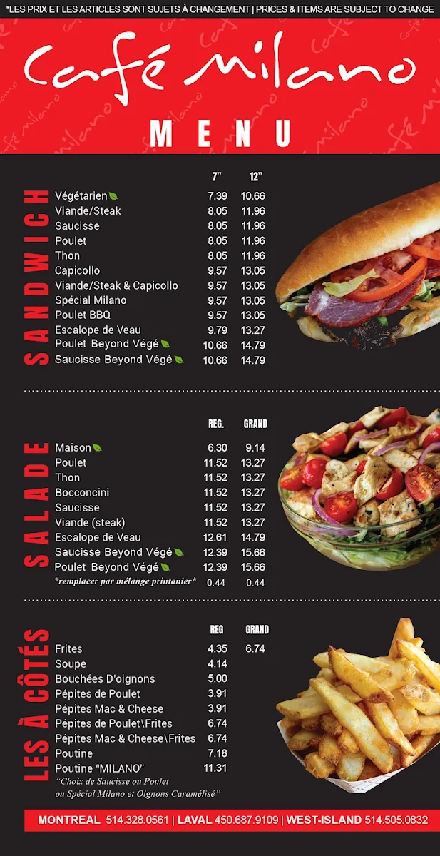 Menu, Café Milano Montréal