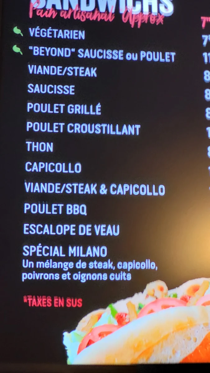 Menu, Café Milano Montréal
