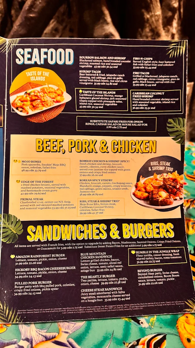 Menu, Rainforest Cafe Niagara Falls Canada