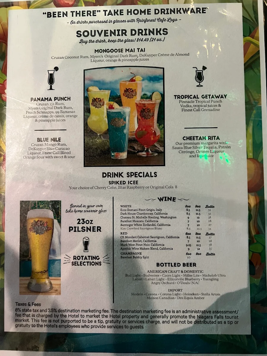 Menu, Rainforest Cafe Niagara Falls Canada