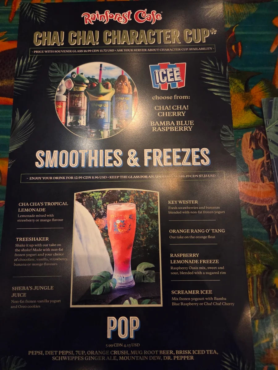 Menu, Rainforest Cafe Niagara Falls Canada