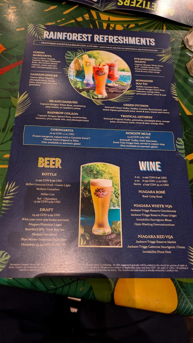 Menu, Rainforest Cafe Niagara Falls Canada