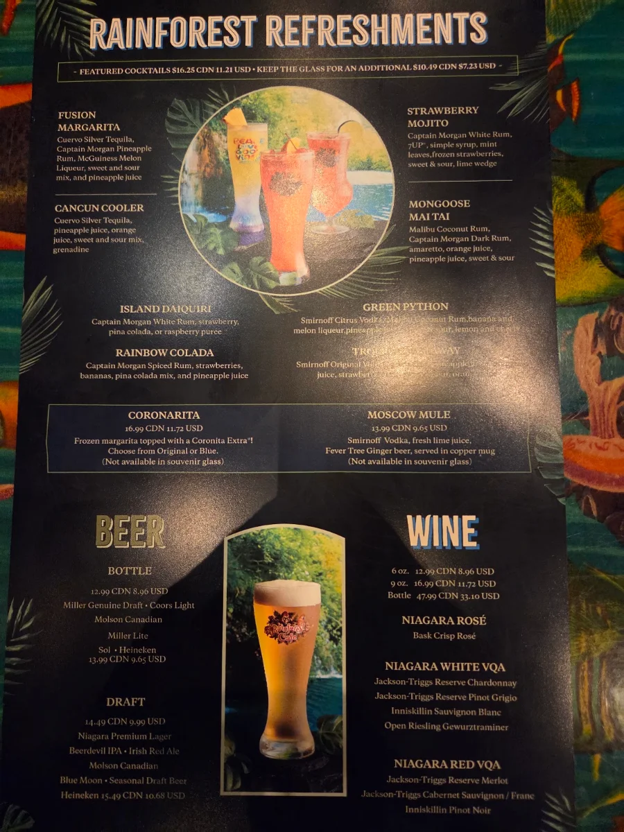 Menu, Rainforest Cafe Niagara Falls Canada