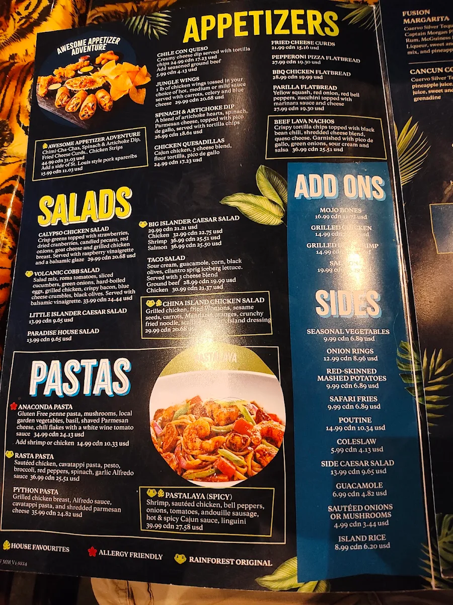 Menu, Rainforest Cafe Niagara Falls Canada