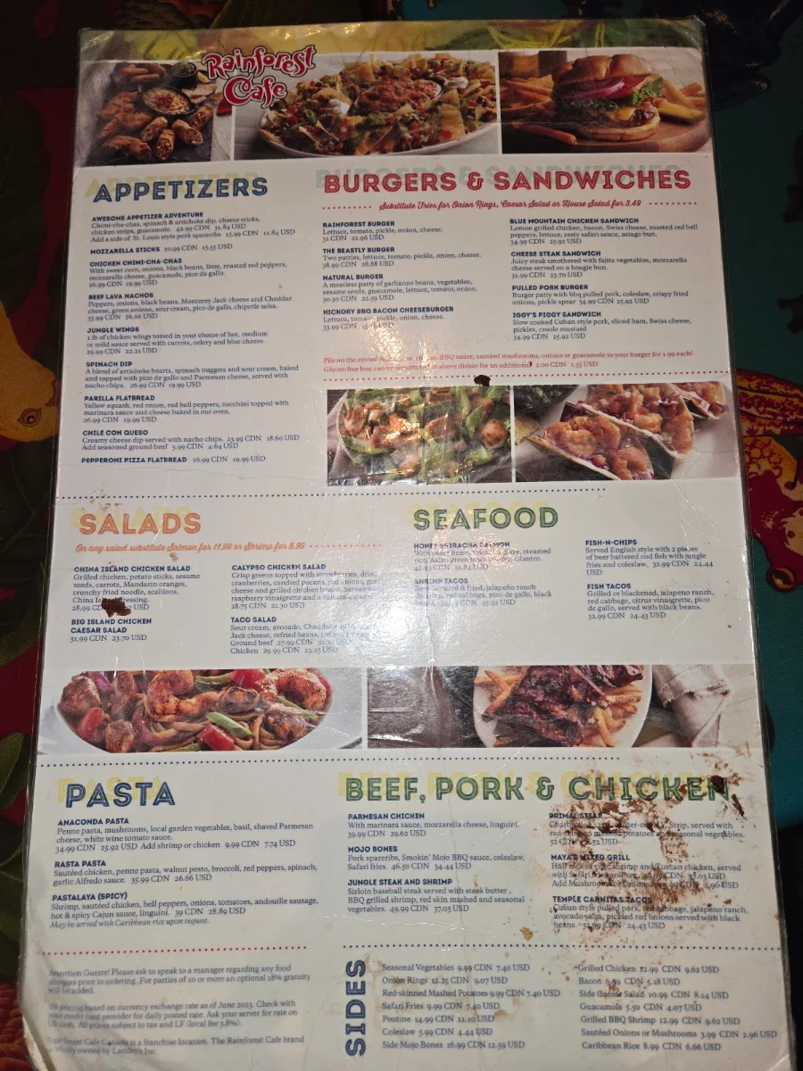 Menu, Rainforest Cafe Niagara Falls Canada