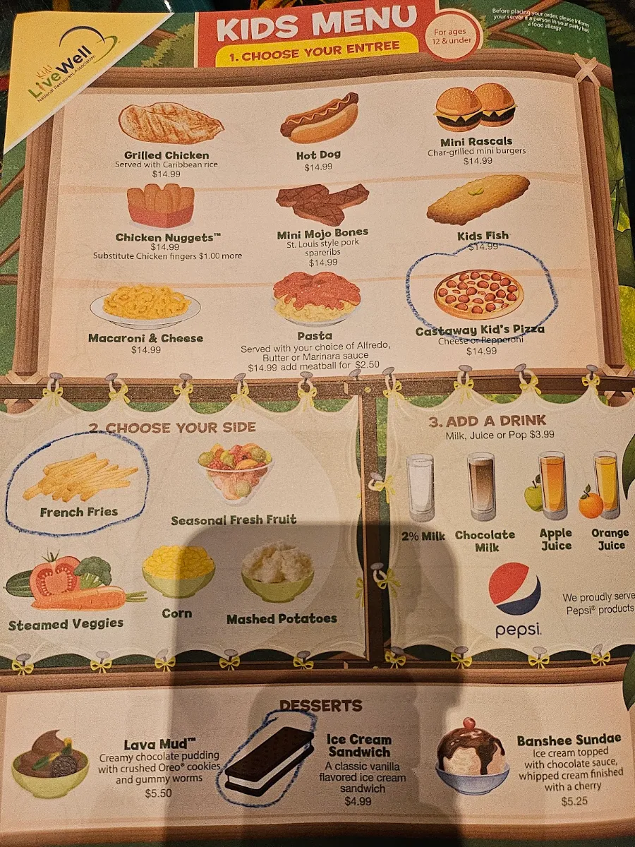 Menu, Rainforest Cafe Niagara Falls Canada