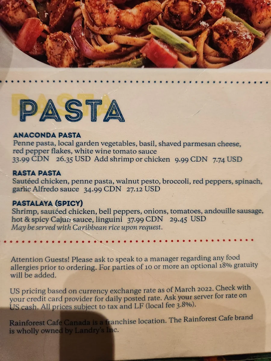 Menu, Rainforest Cafe Niagara Falls Canada
