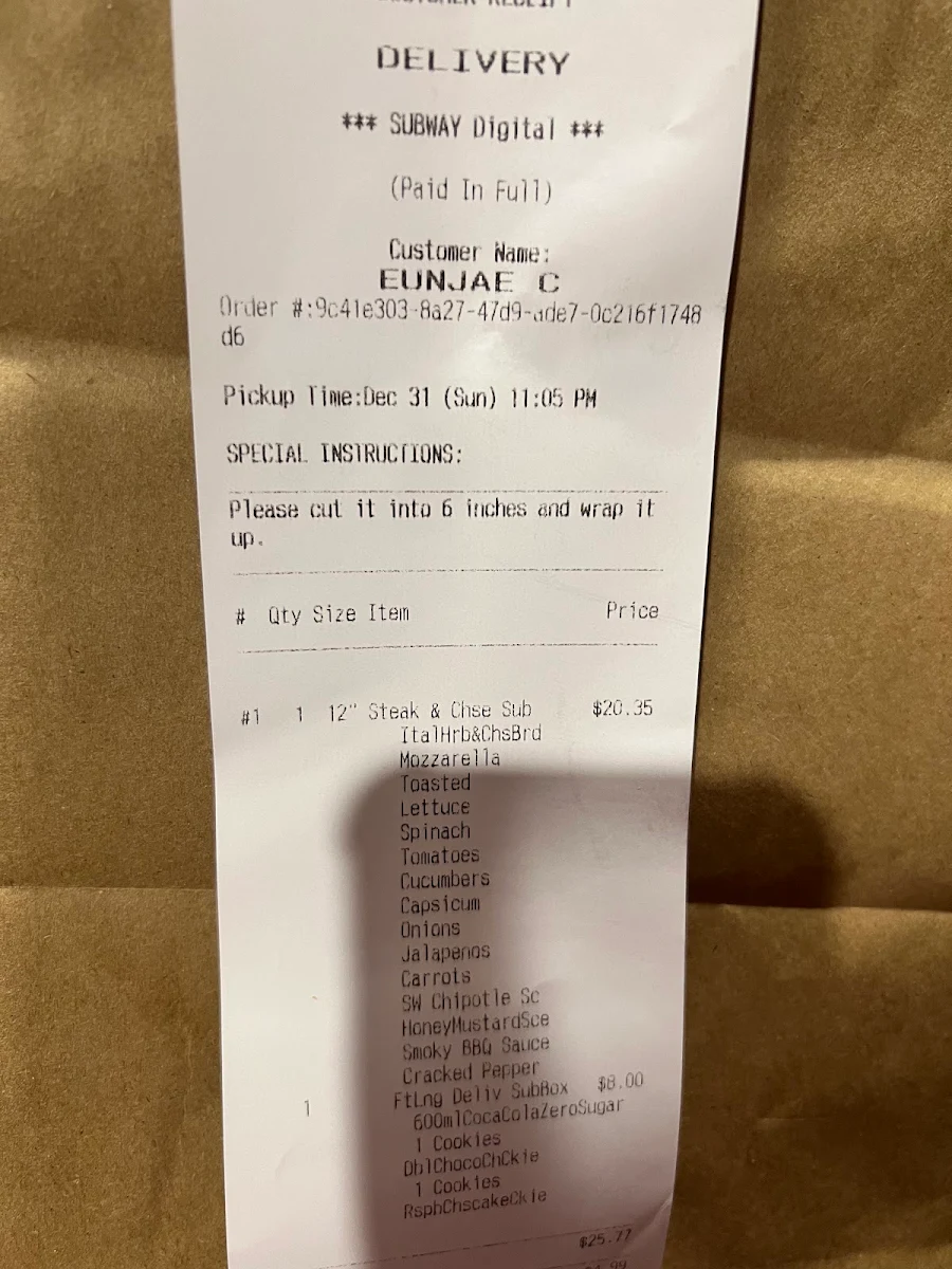 Menu, Subway