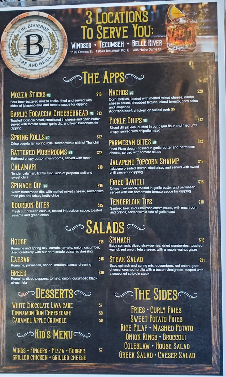 Menu, The Bourbon Tap & Grill Tecumseh