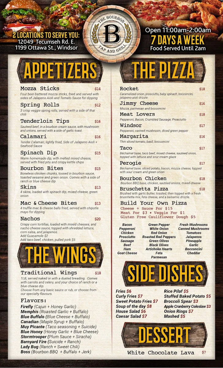 Menu, The Bourbon Tap & Grill Tecumseh