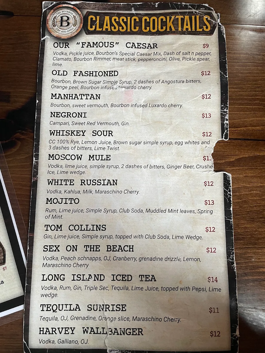 Menu, The Bourbon Tap & Grill Tecumseh