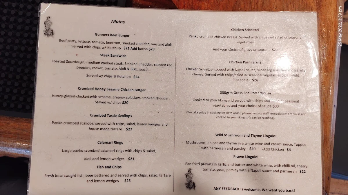 Menu, Gunners Arms Tavern