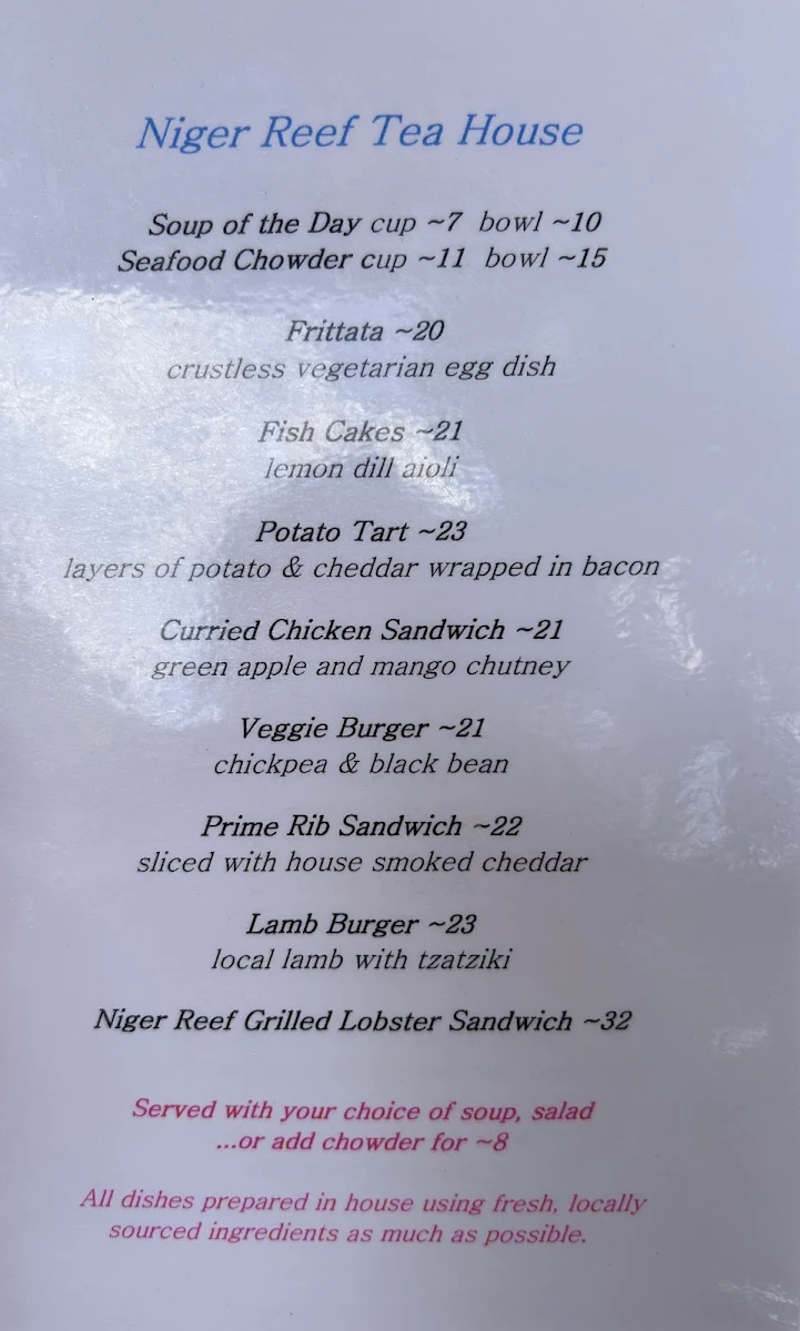 Menu, Niger Reef Tea House (licensed restaurant)