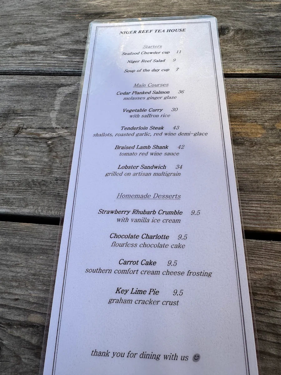 Menu, Niger Reef Tea House (licensed restaurant)
