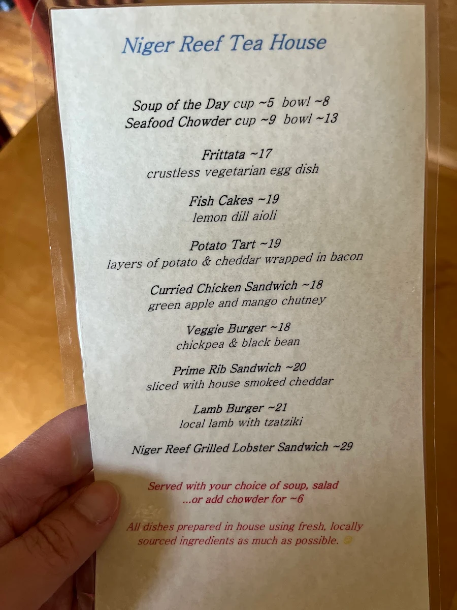 Menu, Niger Reef Tea House (licensed restaurant)