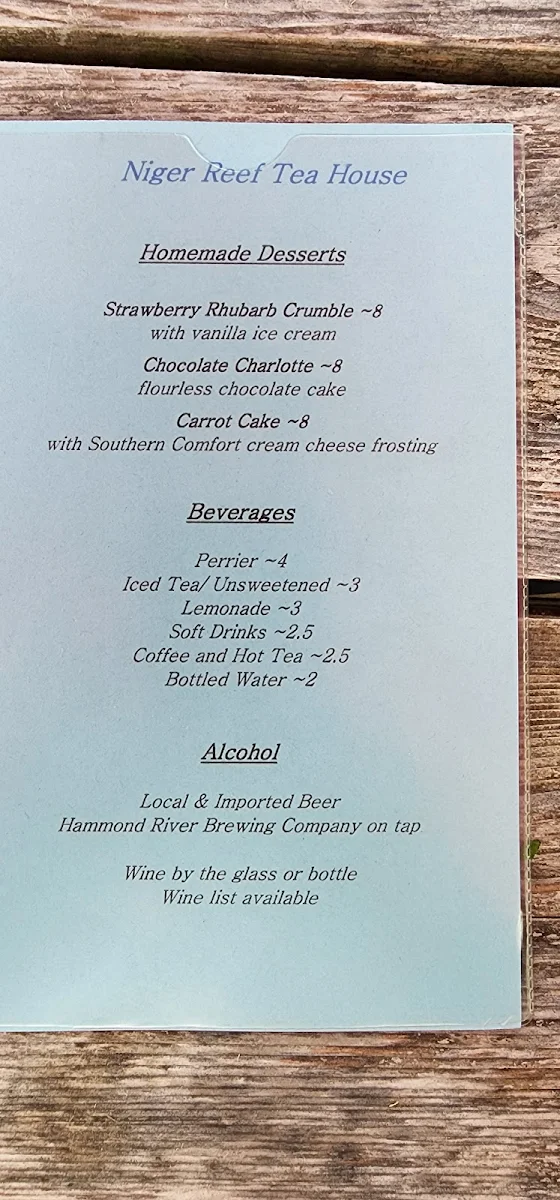 Menu, Niger Reef Tea House (licensed restaurant)