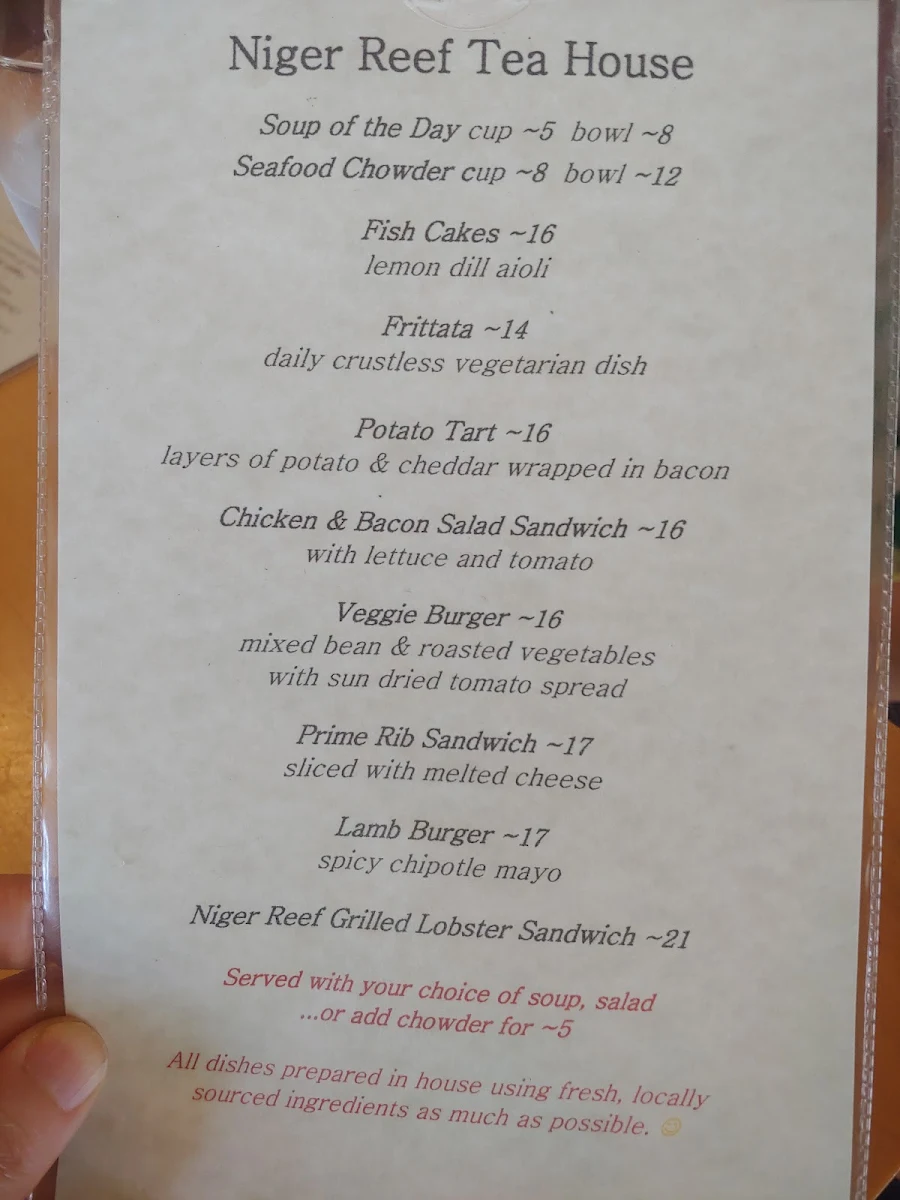 Menu, Niger Reef Tea House (licensed restaurant)